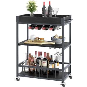 Bar Cart Serving Wine 3 Tier Home Rolling Rack with Wheels Mobile Kitchen Industrial Vintage Style Wood Metal Serving Trolley Serving Cart, Drink Cart for Living Room Kitchen (Black)