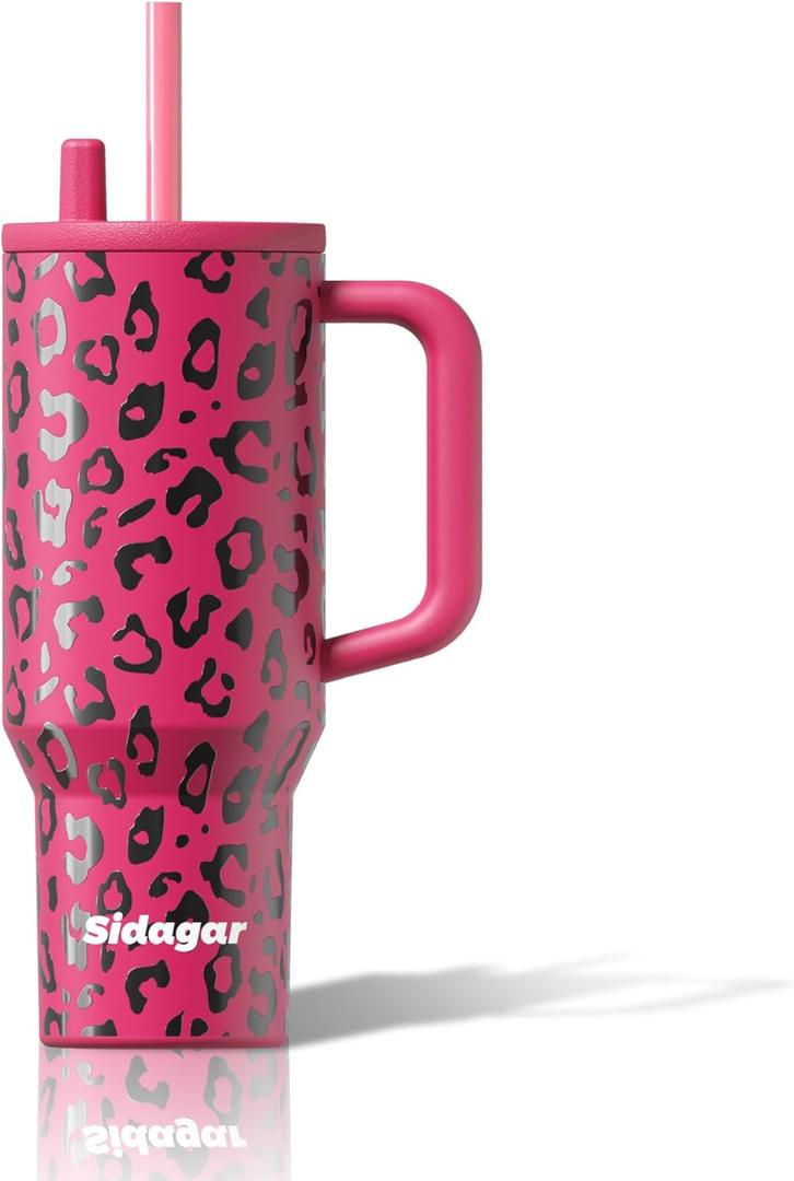 40 oz Stainless Steel Tumbler with Handle, Insulated Coffee Travel Mug, Resuable Spill Proof Water Bottle for Women, Leopard Print