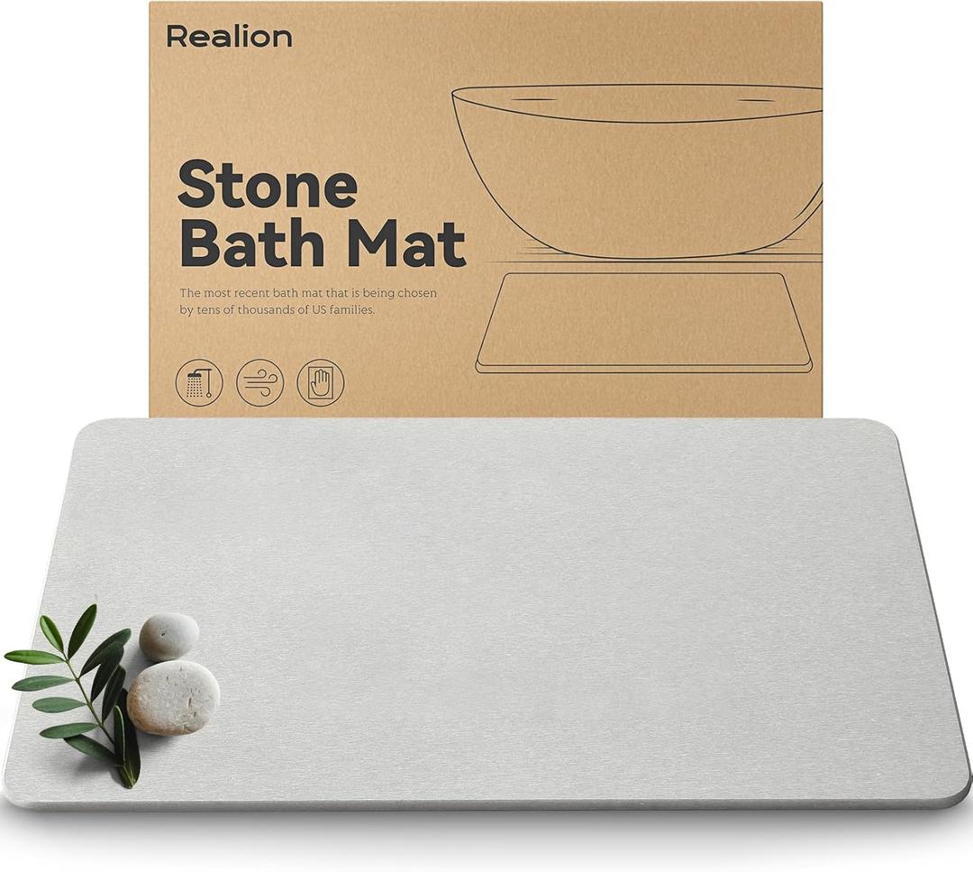Stone Bath Mat, Dries Quickly, Non-Slip Diatomaceous Earth Stone Bath Mats for Bathroom, Super Absorbent Stone Shower Mat, Easy to Clean, 23.5" x 15.5" Light Gray