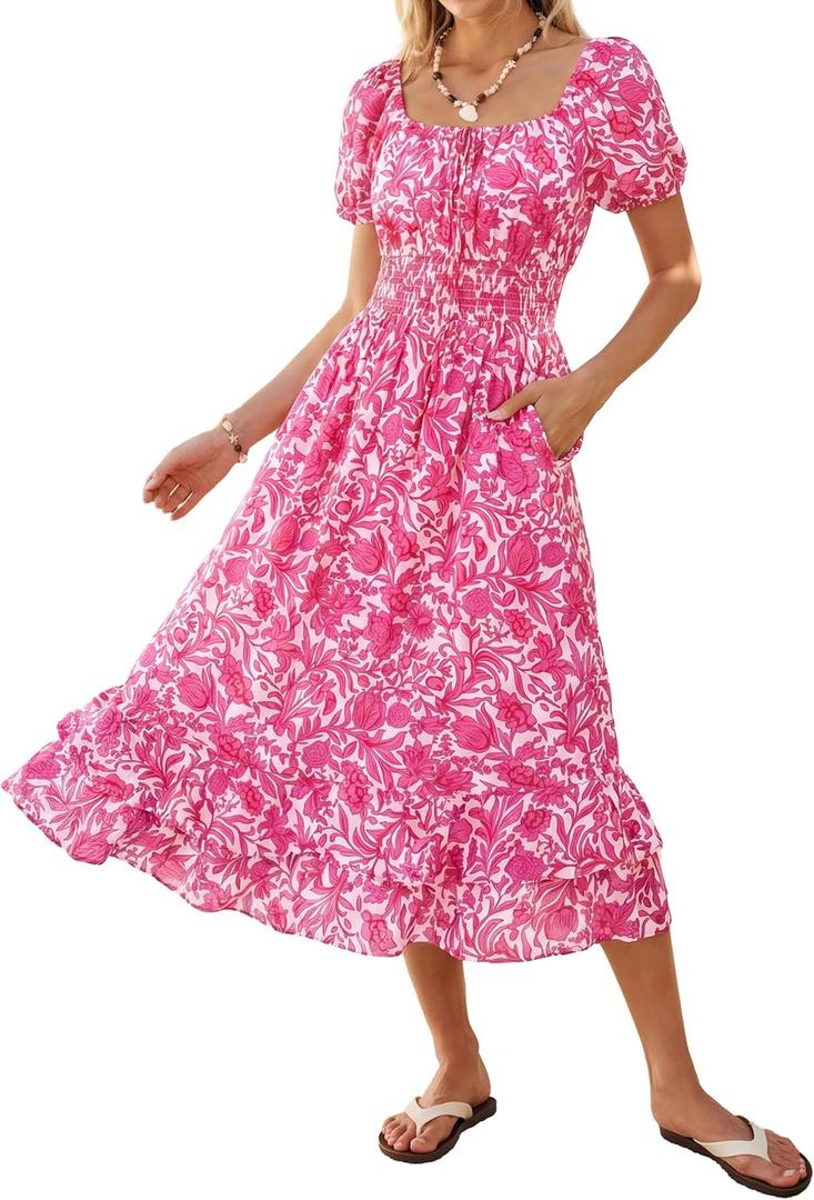 Kate Kasin Womens Summer Boho Floral Maxi Dress 2026 Square Neck Puff Sleeve Smocked Flowy A Line Beach Wedding Guest Dresses (XL)