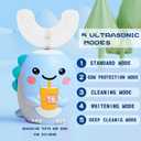 DYCROL Kids U Shaped Electric Toothbrush with 4 Brush Heads, Sonic Toothbrush Kids with 5 Modes, Cartoon Dinosaur 360-Degree Cleaning IPX7 Waterproof Design (6-12 Age (Blue))