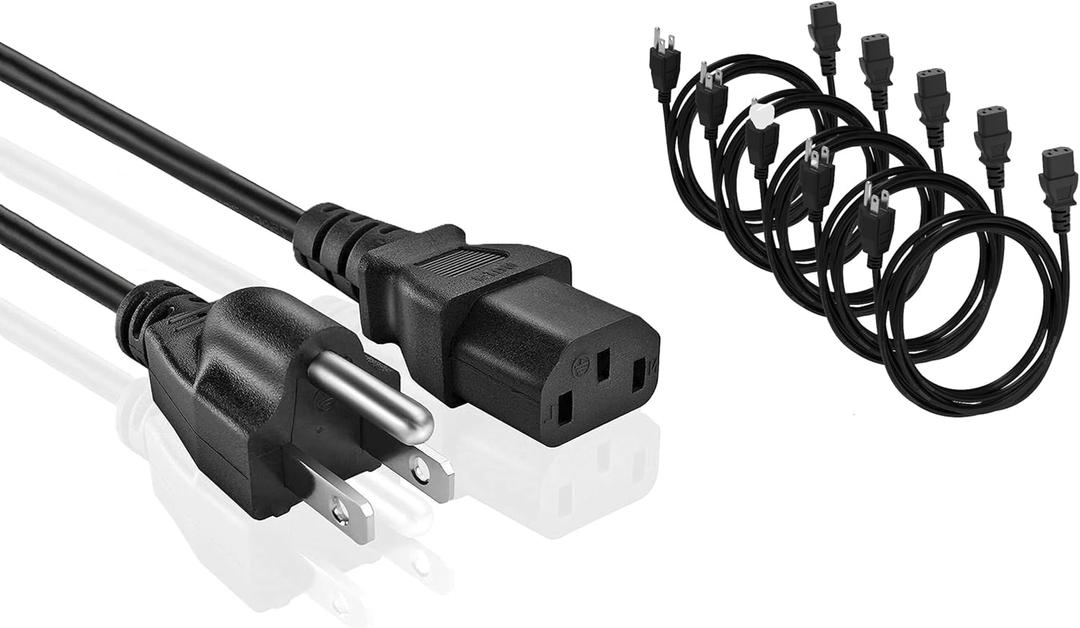 Universal AC Power Cable - 5 Pack- 3 Prong PC Power Cord Replacement for Computer, Monitor, Scanner, Printer, TV- IEC 320 C13 to NEMA 5-15P, 18awg, 125V 10 Amp (3-Feet)
