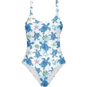 One Piece Bathing Suit for Teen Girls Comfy Crewneck Backless Bathing Suit (11-12, Sea Turtle)