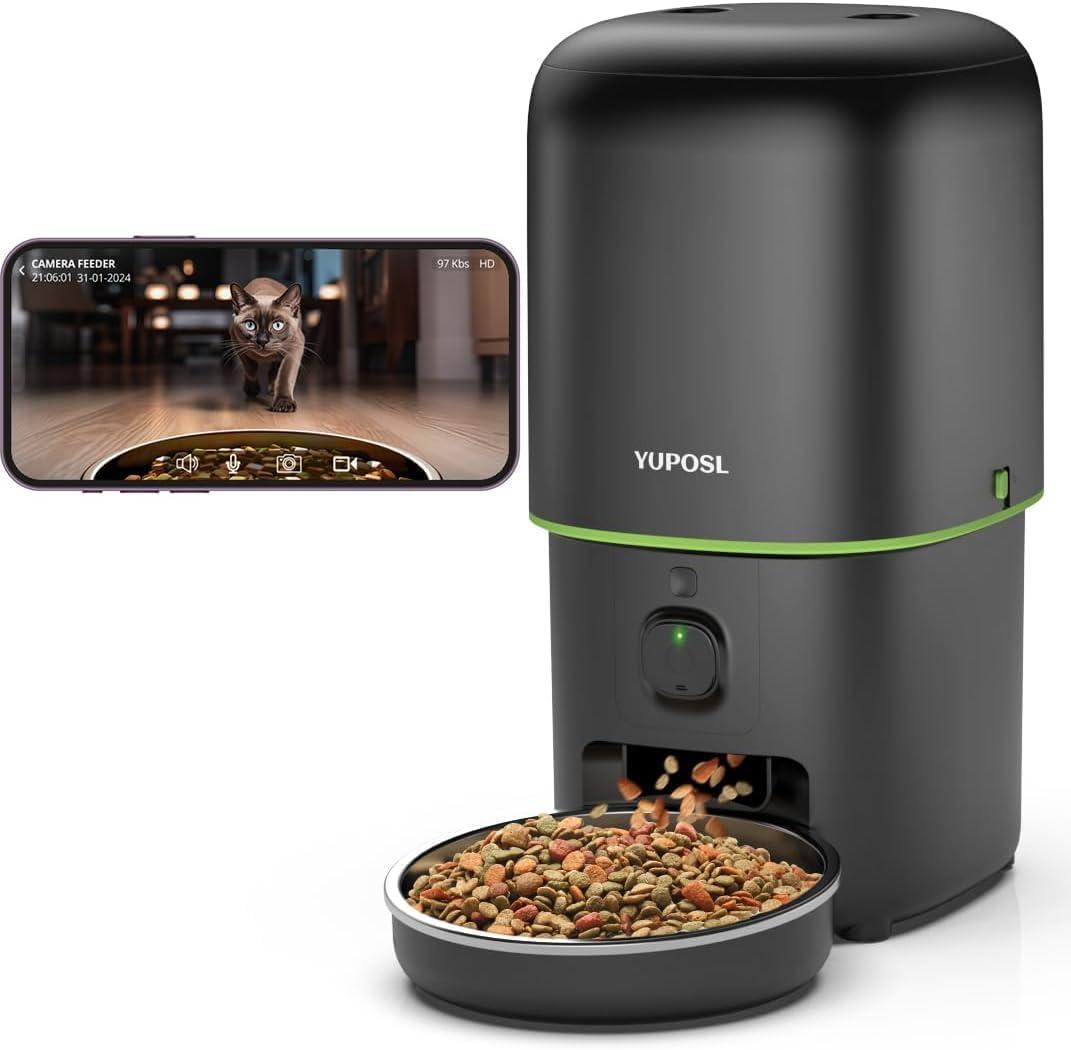 Automatic Cat Feeder with Camera - 5G WiFi Auto Cat Food Dispenser, 1080P HD Video with Night Vision, 1-15 Meals, 1-99 Portions, 2-Way Audio, Keeps Food Fresh, 4L Timed Pet Feeder Also for Dogs (Black)