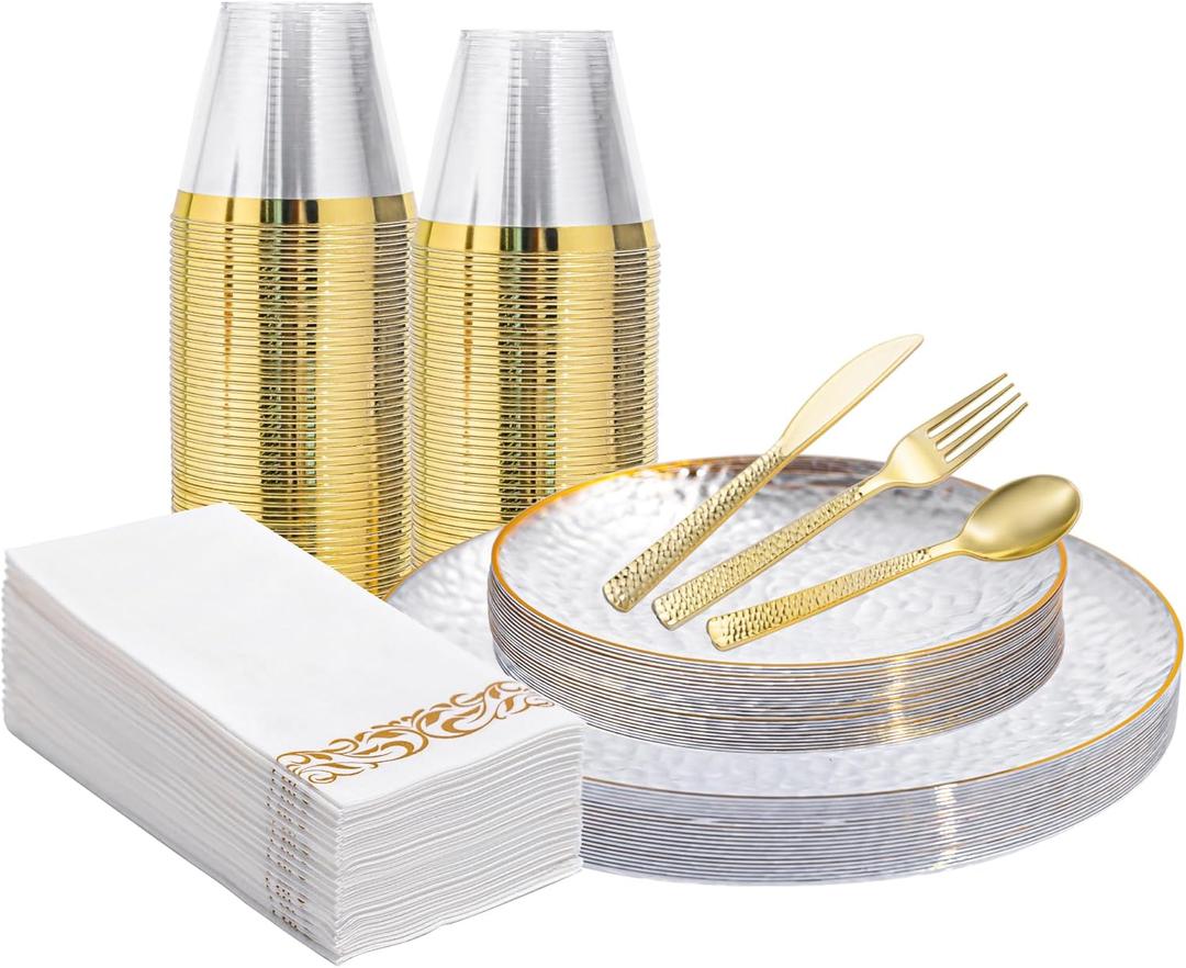 175 Pcs Clear Gold Plastic Dinnerware Set, Disposable Plate With Gold Rim, 25 Guests Dessert Plates, Dinner Plates, Cups, Cutlet and Napkins for Wedding Party