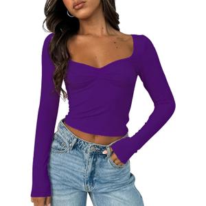 Women's Long Sleeve Going Out Crop Top Sexy Pleated Trendy Shirt Sweetheart Neck Y2K Ruched Cropped Tops (Dark Purple) XS