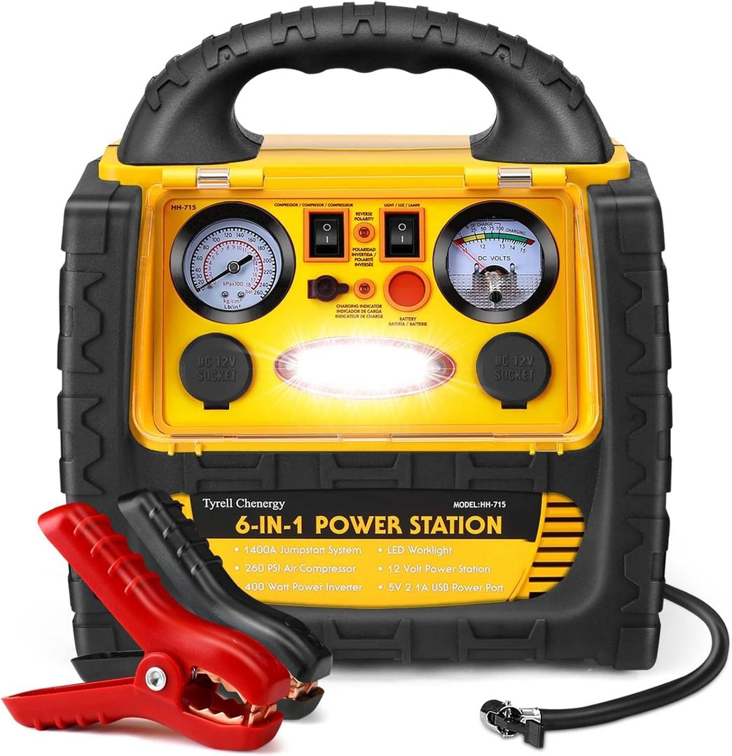 6 in 1 Jump Starter for Up to 8.5L Gas or 8.0L Diesel Engine,Upgraded 2200 Peak Amp 12V Auto Battery Car Starter with Air Compressor 150 PSI Tire Inflator,400 Watt Inverter AC/DC/USB Outlets