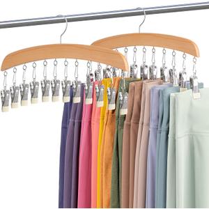 Leggings Hangers, Wooden Closet Hanging Leggings Storage Organizer Scarf Hangers with 24 Clips, 360 Swivel Hook, Burlywood, 2 Pcs