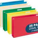 25 Blue Summit Supplies Legal Size Hanging File Folders - Assorted Colors, 2" Expansion, Legal Hanging File Folders for Filing Cabinet, 9.5" x 14.75", 11PT Paper Stock with Tabs and Inserts Included