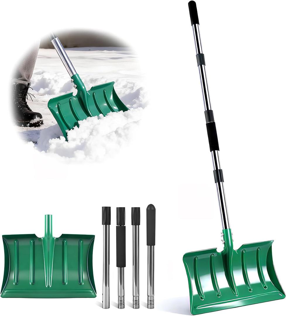 64" Long Handle Snow Shovel, Heavy Duty Metal Snow Shoveling Tool with 16" Wide Blade, 32mm Wide Ergonomic Handle & Anti-Freeze Foam for Snow Removal from Driveway & Car, Mulch, Soil, Grain and Seed