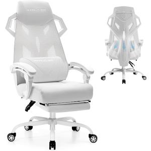 GTPLAYER Gaming Chair, Computer Chair with Mesh Back, Ergonomic Office Chair with Footrest, Reclining Game Chair with Adjustable Headrest and Lumbar Support for Gaming and Office (White)