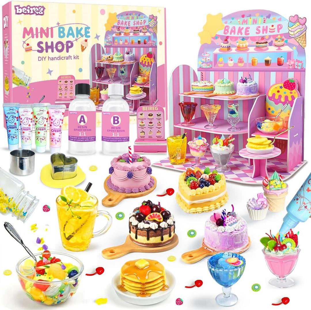 Mini Bake Shop DIY Toy Set, Making 14Pcs Pretend Desserts & Cakes, Resin & Clay Kitchen Play Kit, Scene Display Creativity & STEM Party Gift, Craft Kit for Kids Girls Boys Ages 8+