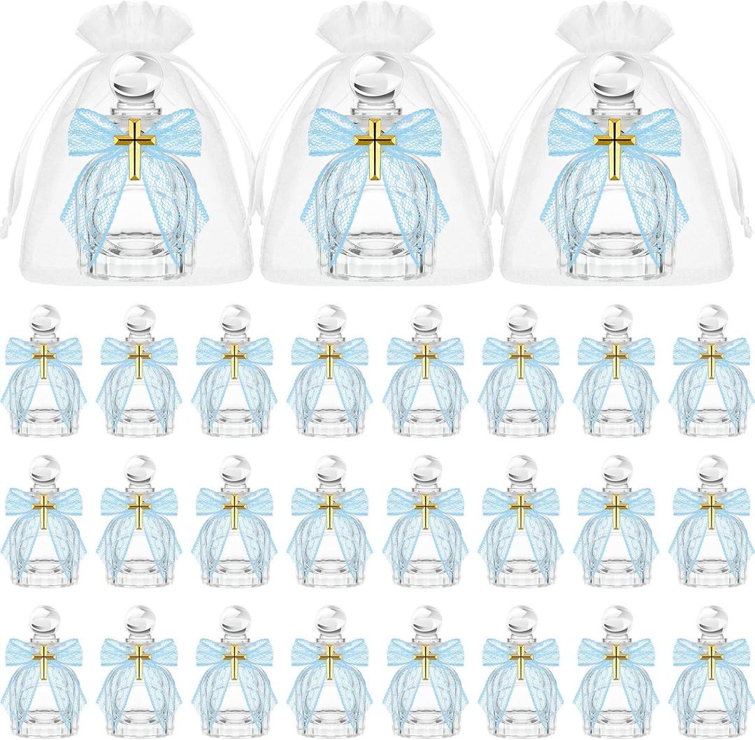 Newtay Holy Water Bottles Catholic Bulk Glass Baptism Favors for Guests Christian Water Container with Cross Organza Bags Bow for Holy Communion Gifts Church Wedding Baptism(Blue,24 Set)