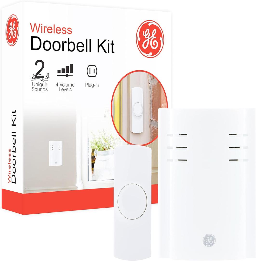 GE Wireless Doorbell Kit, Plug-In Receiver, 1 Push Buttons Door Bell, 2 Melodies Doorbell Chime, 4 Volume Levels, Classroom Doorbell, 150 Ft Range, White, 19298