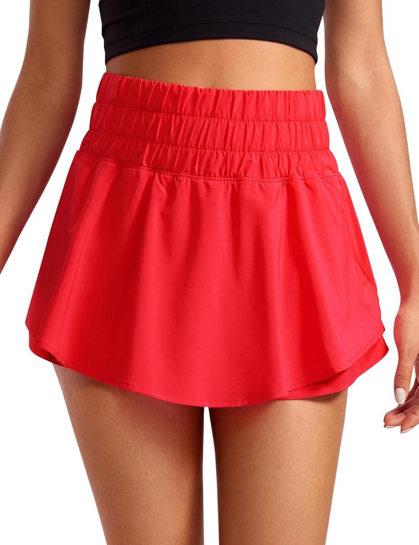 CRZ YOGA Ruffle Skirt Overlay Athletic Shorts for Women - High Waisted Flowy for Workout Running Tennis with Zip Pocket (X-Small, Deep Red)