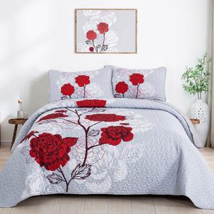Anibedding Floral Quilt Set Queen Size,Elegant Red Floral Printed Bedspread Coverlet 3 Pieces Soft Microfiber Bedding Set with 2 Pillowcases for All Season(96"90")