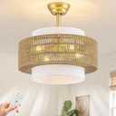 Boho Rattan Caged Fandelier Ceiling Fan with Light and Remote Control, Enclosed Low Profile Flush Mount Fan, 6-Speed, 1/2/4h Timer for Bedroom, Living Room, Kitchen