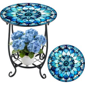 Cinnvoice Outdoor Side Table Round Small Mosaic Patio Accent Indoor End Plant Coffee Tea Table for Yard Patio Porch Garden Living Room, Bedroom(Mandala Style,18 Inch)