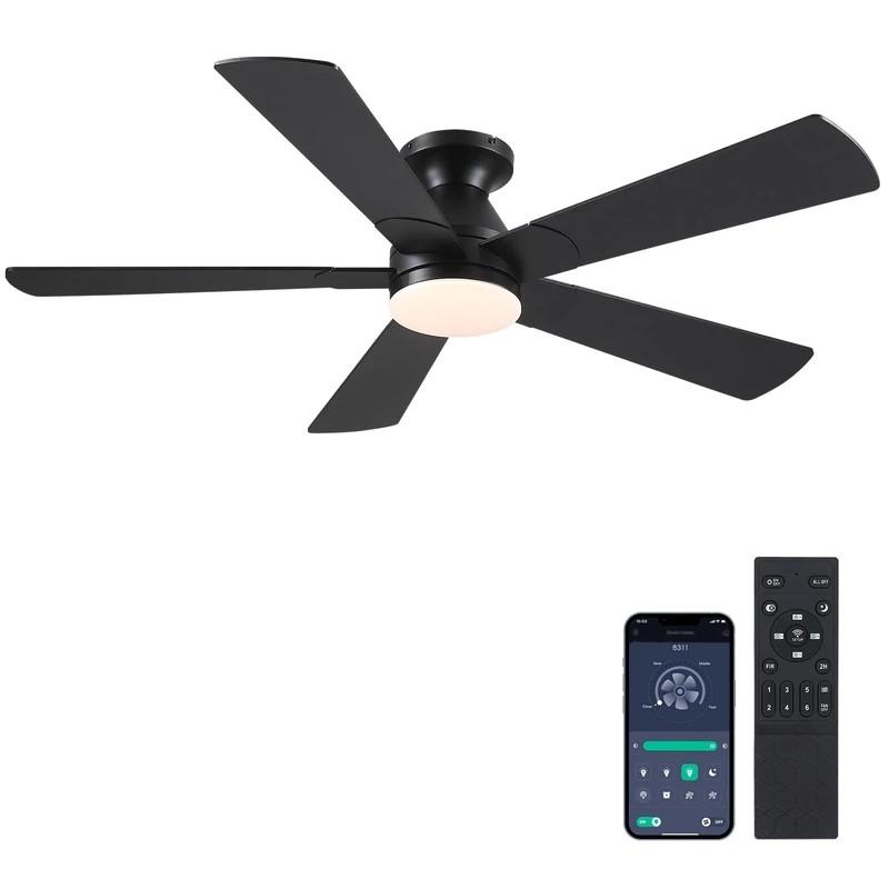 BYKISTOK Black Ceiling Fans with Lights - 52In Flush Mount Ceiling Fan Light with Remote, 3CCT Dimmable and 6 Wind Speeds, Modern Low Profile Fan Light for Indoor Bedroom, Covered Outdoor
