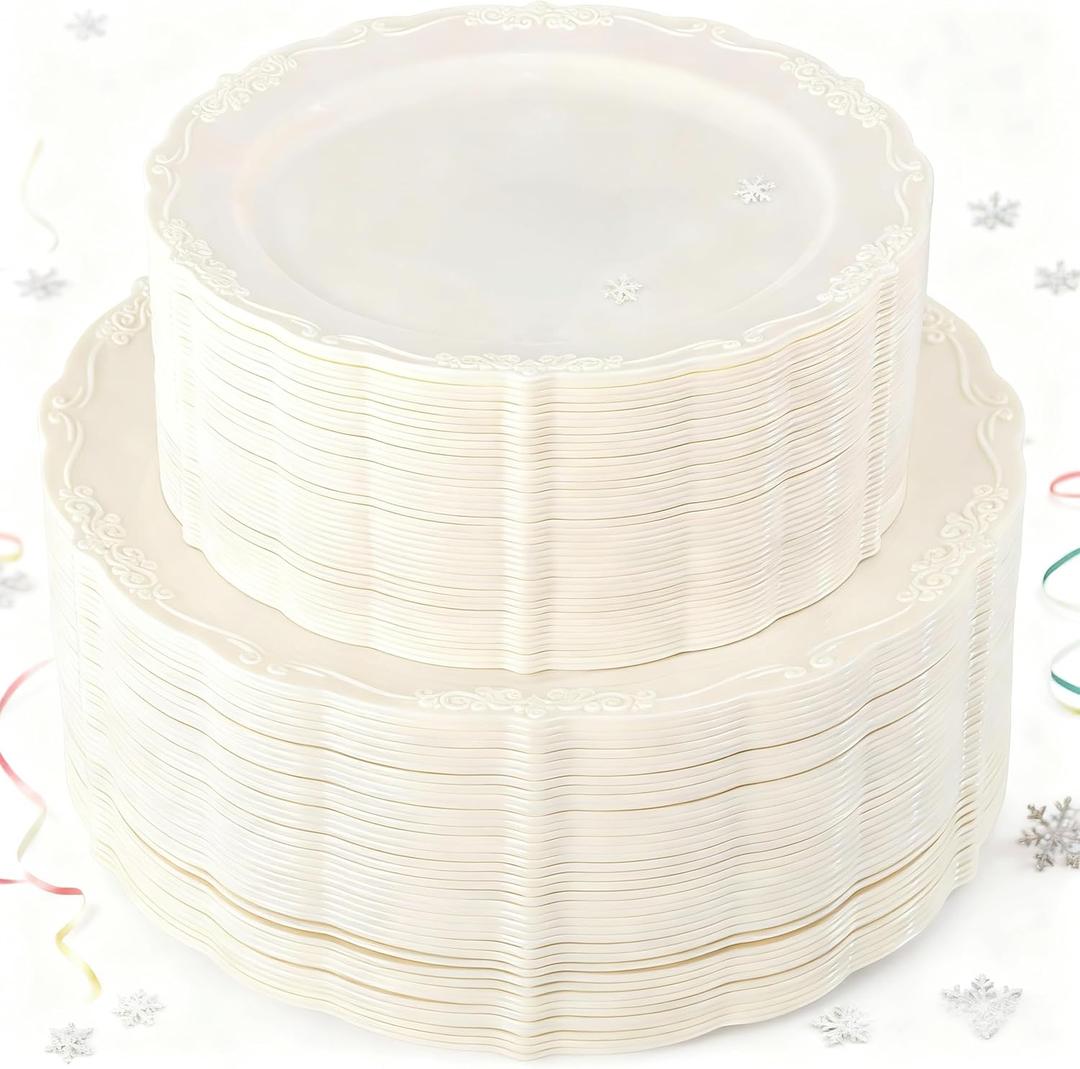 U-QE 100 Pieces Ivory Plastic Plates for Party - Ivory Disposable Plastic Plates - Heavy Duty Disposable Platos Including 50 Dinner 10 '' & 50 Dessert 7.5 '' for Christmas