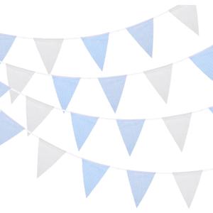MECCANIXITY 33ft Blue White Plaid Checkered Pennant Banner, 36 PCS Triangle Flags Fabric Bunting Banner for Birthday Wedding Outdoor Garden Decor