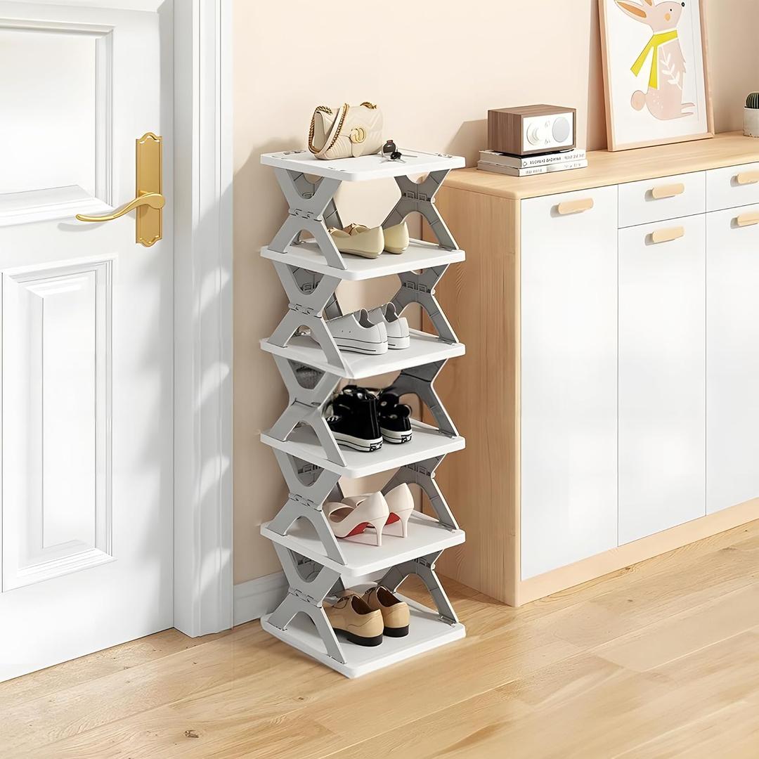 6 Tier Kids Shoe Rack, Collapsible Shoe Rack for Kids' Rooms, Foldable Vertical Shoe Organizer for Front Door Entrance, Compact Shoe Storage Shelf for Narrow Spaces (Gray-X)