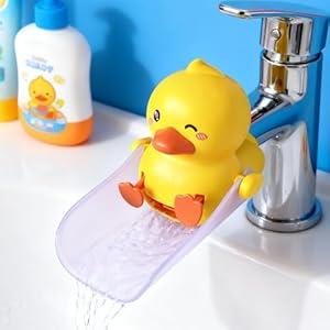 Skyroku Duck-Tastic Faucet Extender for Toddlers  Adjust to Kick (See Video)  Splash-Proof Sink Extender for Front-Facing Faucets Only  BPA-Free for Bathroom (Yellow&Purple)