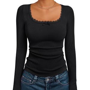 Trendy Queen Womens Long Sleeve Shirts Crop Square Neck Ribbed Tops Basic Slim Fit Y2K Fall Winter Clothes Outfits 2026 (Black)