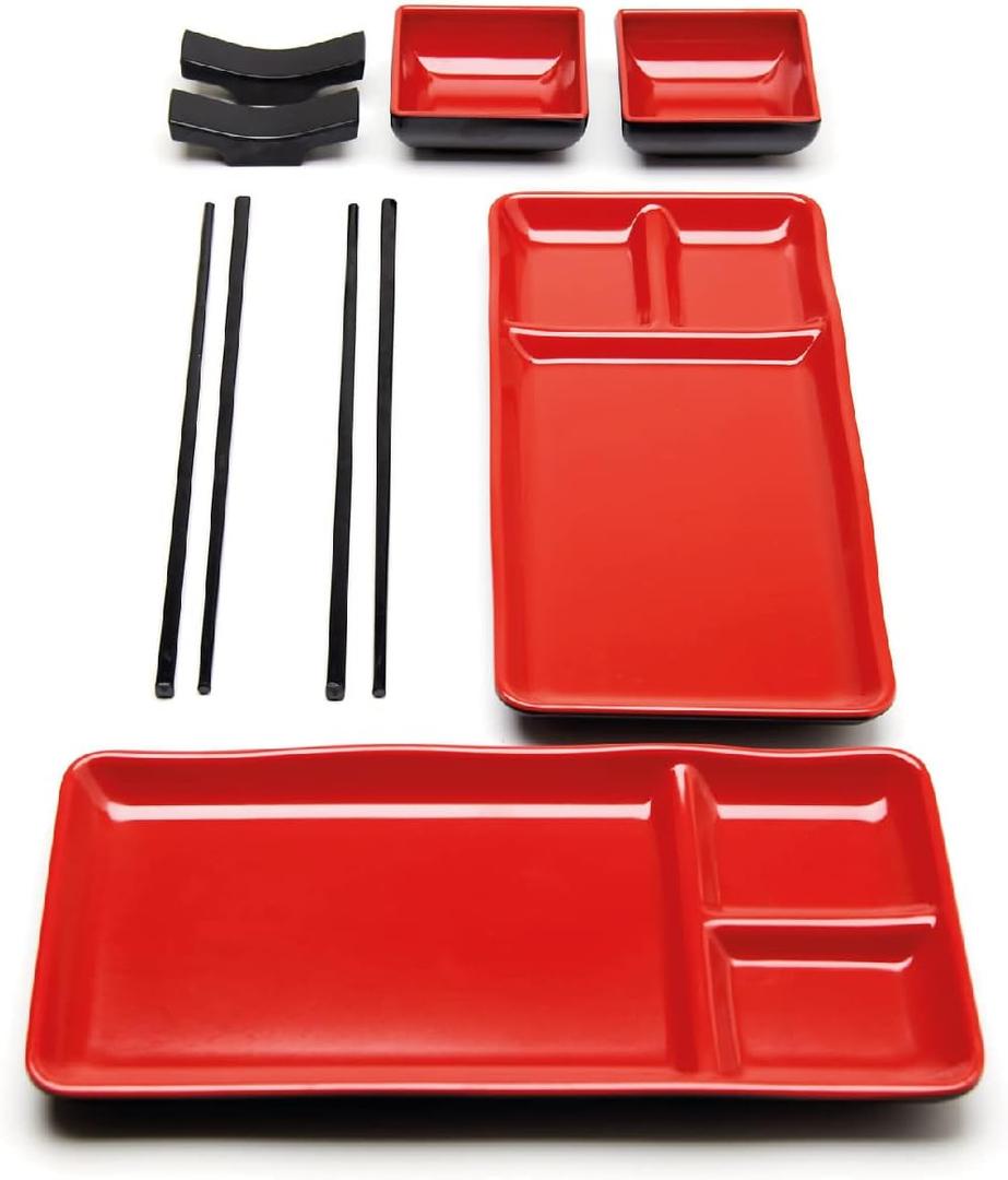 8-Piece Japanese Style Sushi Plate Set - Includes 2 Sushi Plates (7.5 x 5.5 Inch), 2 Sauce Dishes, 2 Pairs of Chopsticks, 2 Chopsticks Holders - Made of Melamine, Red