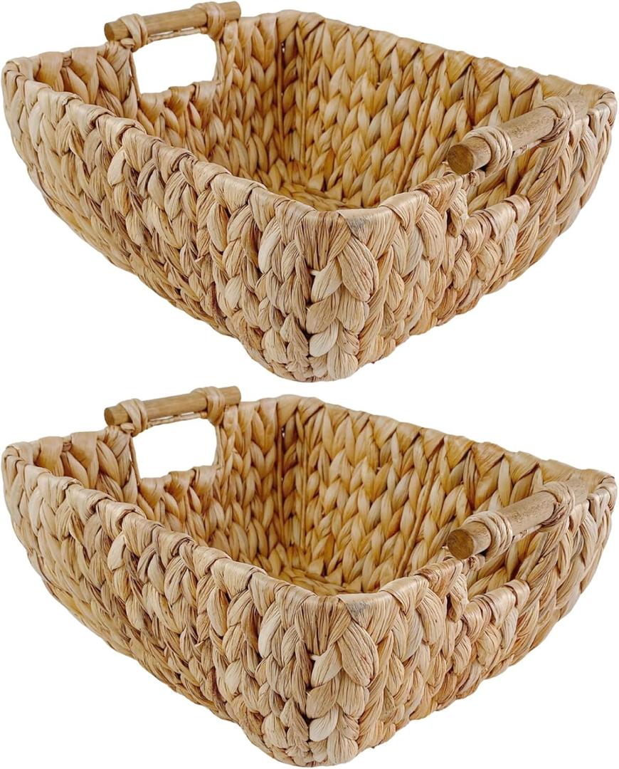 Medium Rectangular Handwoven Wicker Basket - Water Hyacinth Storage Baskets with 2 Polished Wooden Handles for Store Hand Towel, Fruits & Veggies etc 10.75"x15.25"x5" - Pack of 2 - Natural