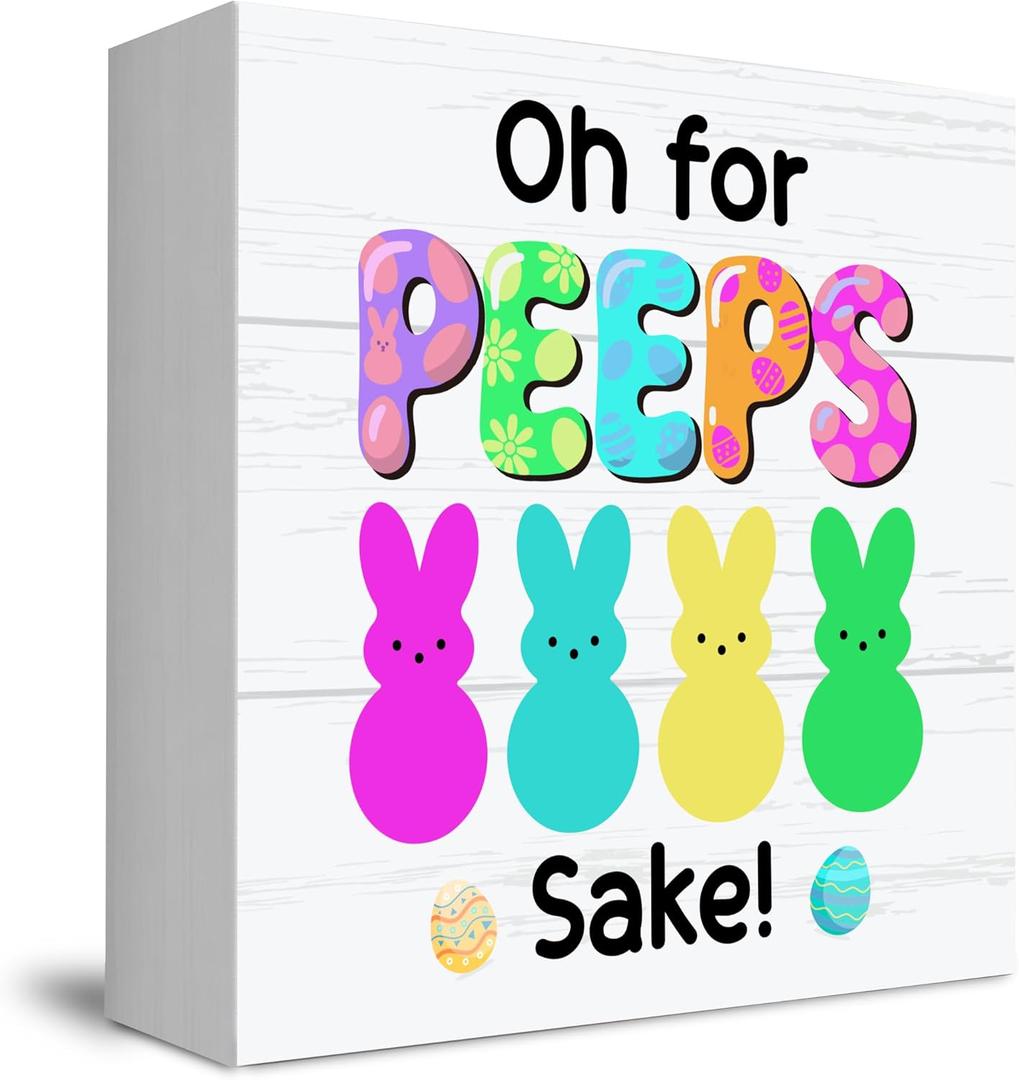 5 x Funny Easter Wooden Box Sign Decor, Bunny Rabbit Easter Gifts for Home Kitchen Farmhouse Table Decoration, Oh for Peeps Shake, 5 x 5 Inch (Fuchsia)