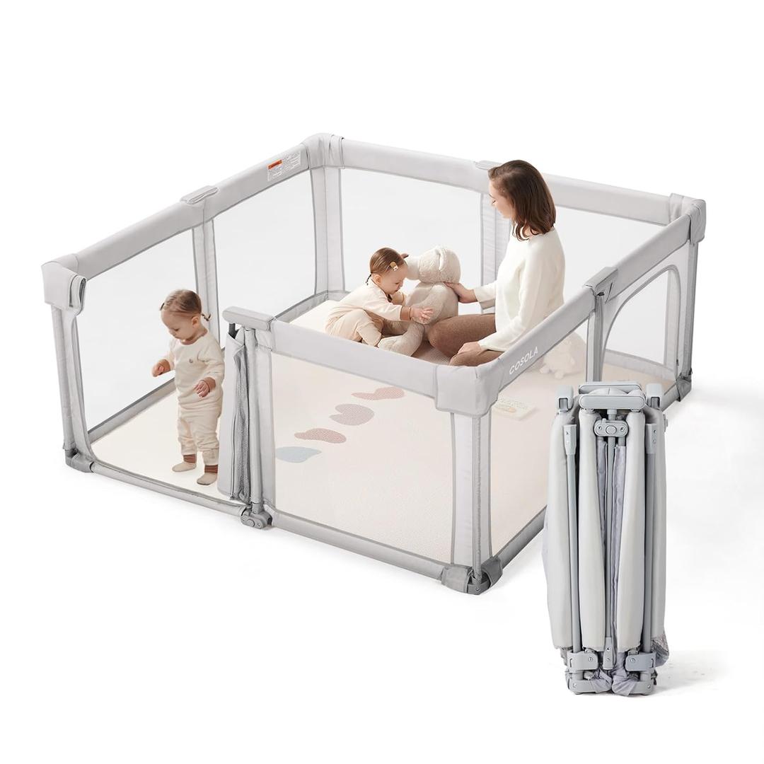 Baby Playpen Portable, Pre-Assembled Play Pen 59x59 Large Foldable Playpen for Babies and Toddlers, Sturdy and Safe Toddler Play Yard Indoor Outdoor with Carry Bag, Grey
