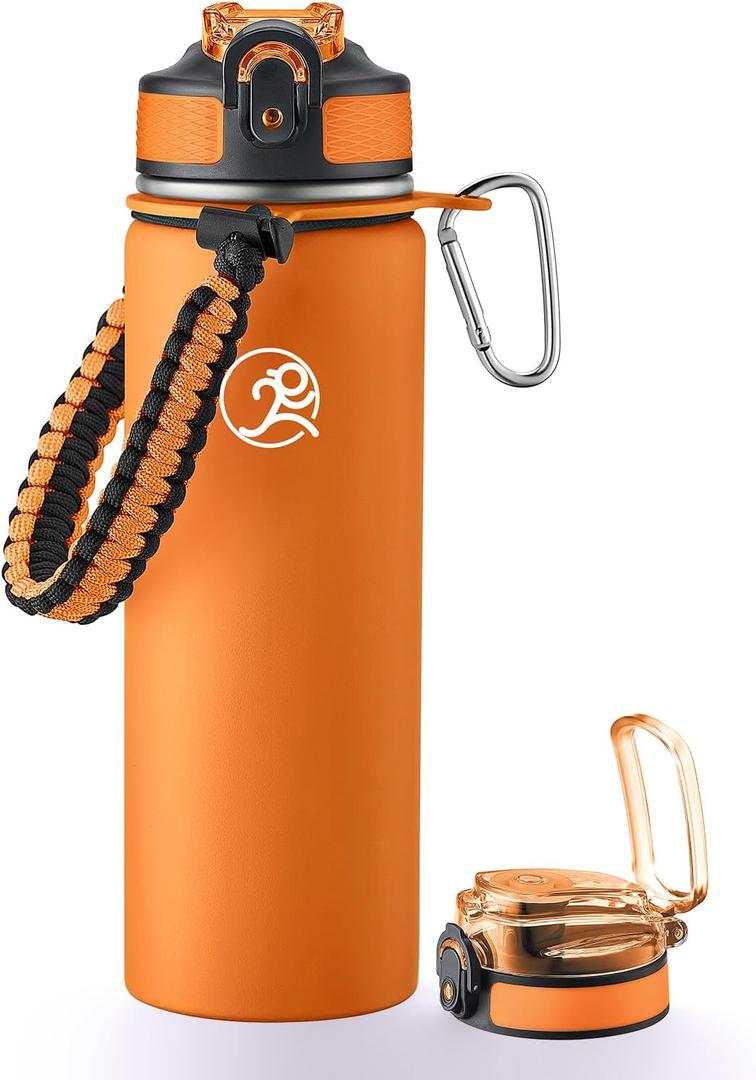 GOSWAG Insulated Sports Water Bottle, 24oz 2 Lids(with Straw/No Straw), Stainless Steel Water Bottles with Paracord Handle, Insulated Bottle with Double-Wall Vacuum Insulation (Matte Orange)