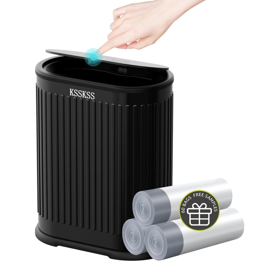 1.8 Gallons Small Stainless Steel Trash Can with Press Type Lid, Slim Bathroom Garbage Bin, Removable Liner Bucket, Dog Proof Narrow Wastebasket with Pop-Up Lid for Bedroom,Toilet (Matt Black)