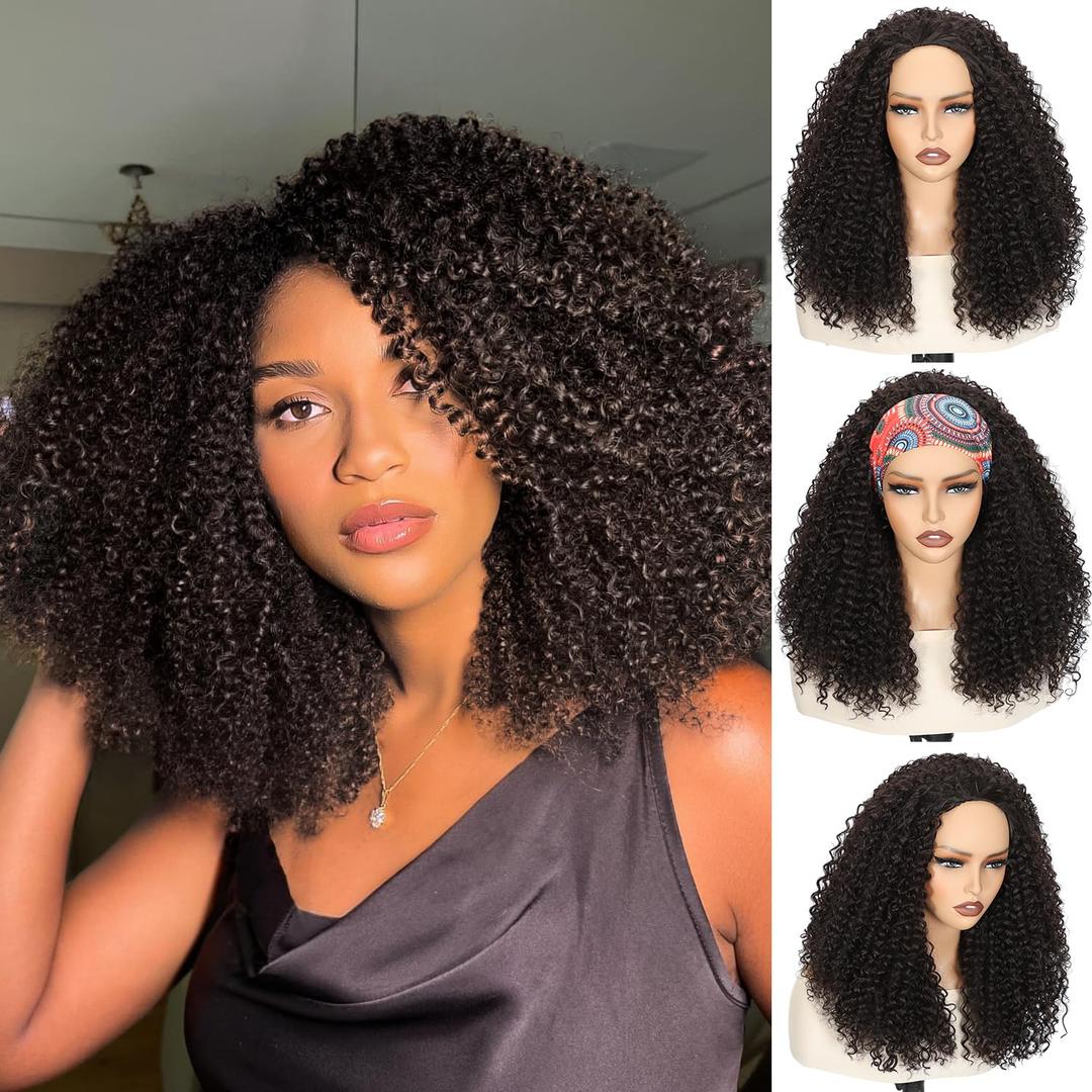 20 Inch Kinky Curly Half Wig, 3-in-1 Upgrade Synthetic Half Wig with Drawstring, 210% Density Seamless Clip-In & Flip-Over Headband Wig for Women, Wear and Go Beginner FriendlyChocolate Brown