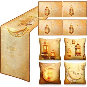 Hosuly 9 Pack Ramadan Party Decorations Set, 1 Pc Eid Mubarak Table Runner 4 Pcs Ramadan Placemat 4 Pcs Pillow Cover Eid al Fitr Table Decor Decoration Star Moon Lantern Decor Set for Home