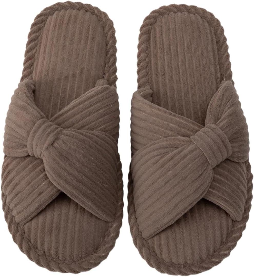 Enteer Women's Corduroy Bow Memory Foam Slippers, Open Toe Cross Band Non-Slip Indoor Outdoor House Slippers
