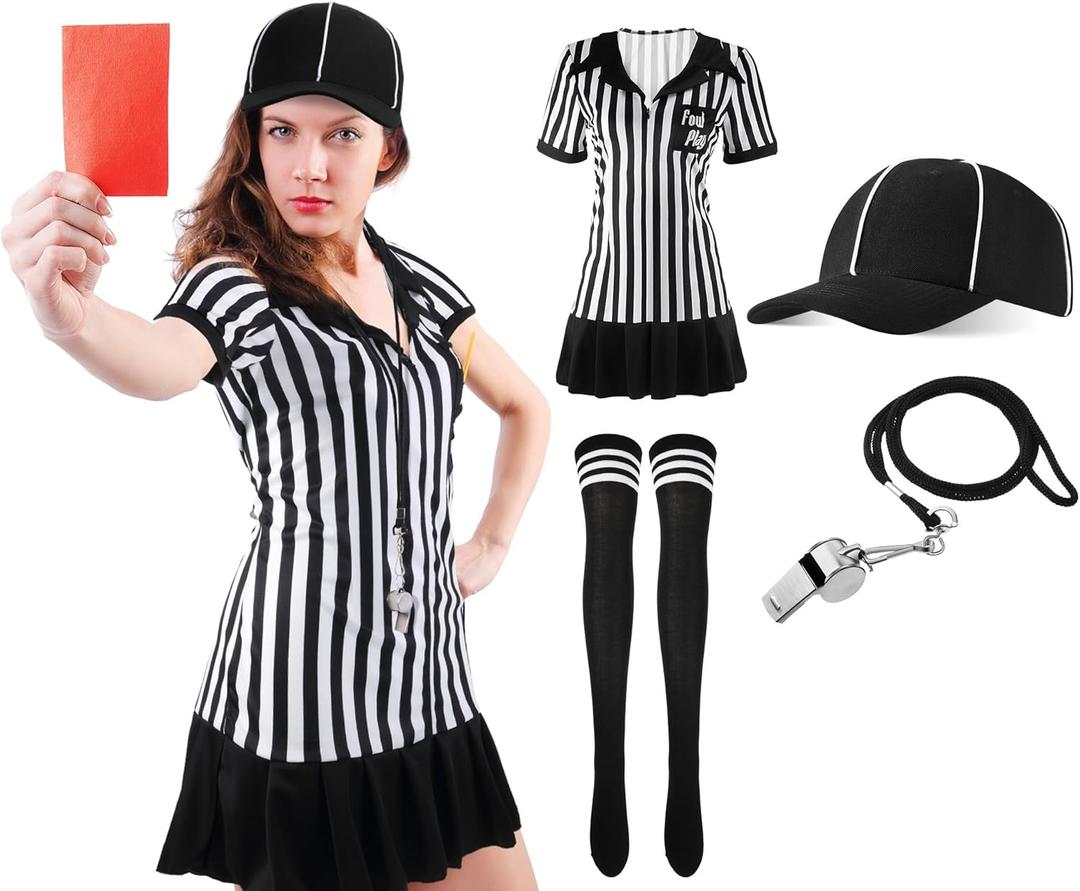 SATINIOR 5 Pcs Women Referee Costume Set Umpire Outfit Stripe Ref Shirt Hat Long Socks Whistle for Halloween Cosplay Party (3X-Large)