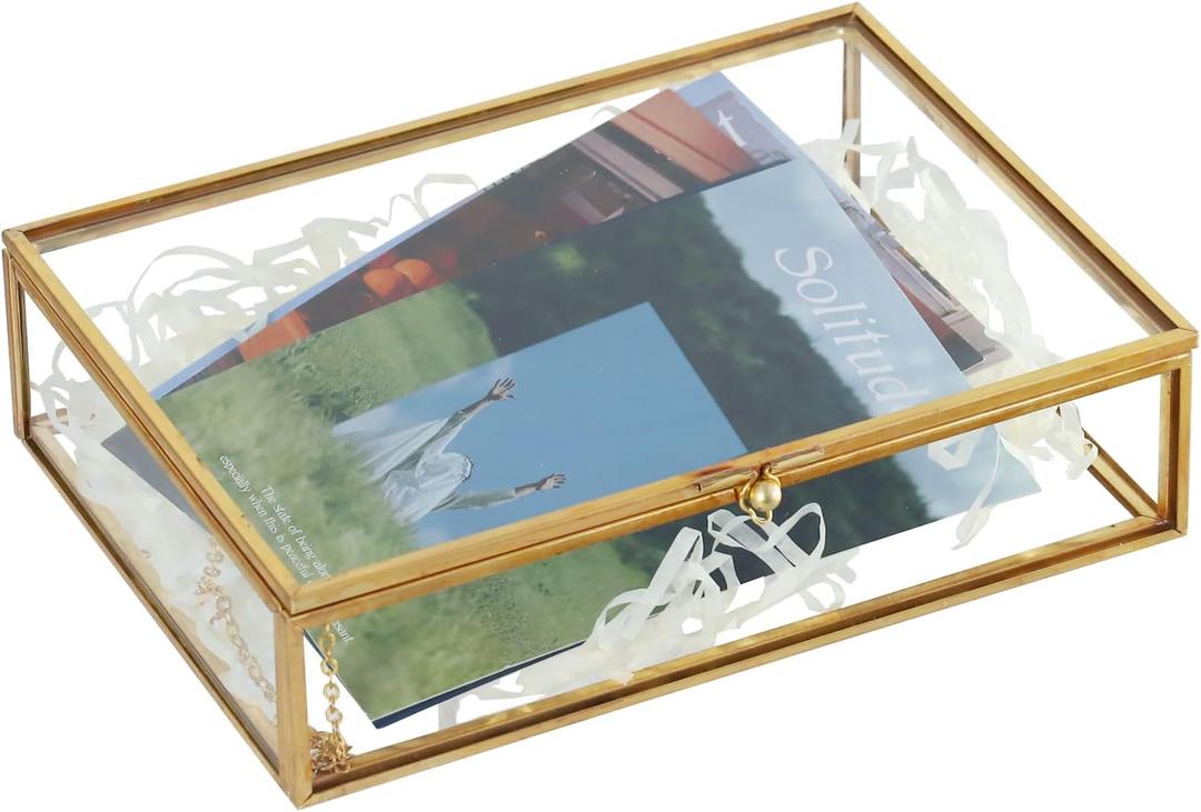 HighFree Gold Glass Photo Box - Vintage Photo Storage Organizer - Keepsake Display Box - Clear Jewelry Glass Box - Home Decor Box for Trinket Rings Bracelet (Medium) HighFree Gold Glass Photo Box - Vintage Photo Storage Organizer - Keepsake Display Box - Clear Jewelry Glass Box - Home Decor Box for Trinket Rings Bracelet (Medium)