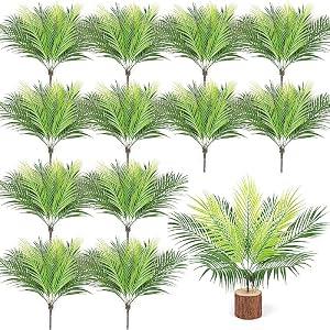 Giegxin Artificial Palm Leaves 14 x 7.5 Inch Faux Palm Tree Leaves Fronds Bulk Fake Tropical Greenery Plants Decor for Tropical Jungle Theme Rainforest Backdrop Party Decoration (12 Pieces)