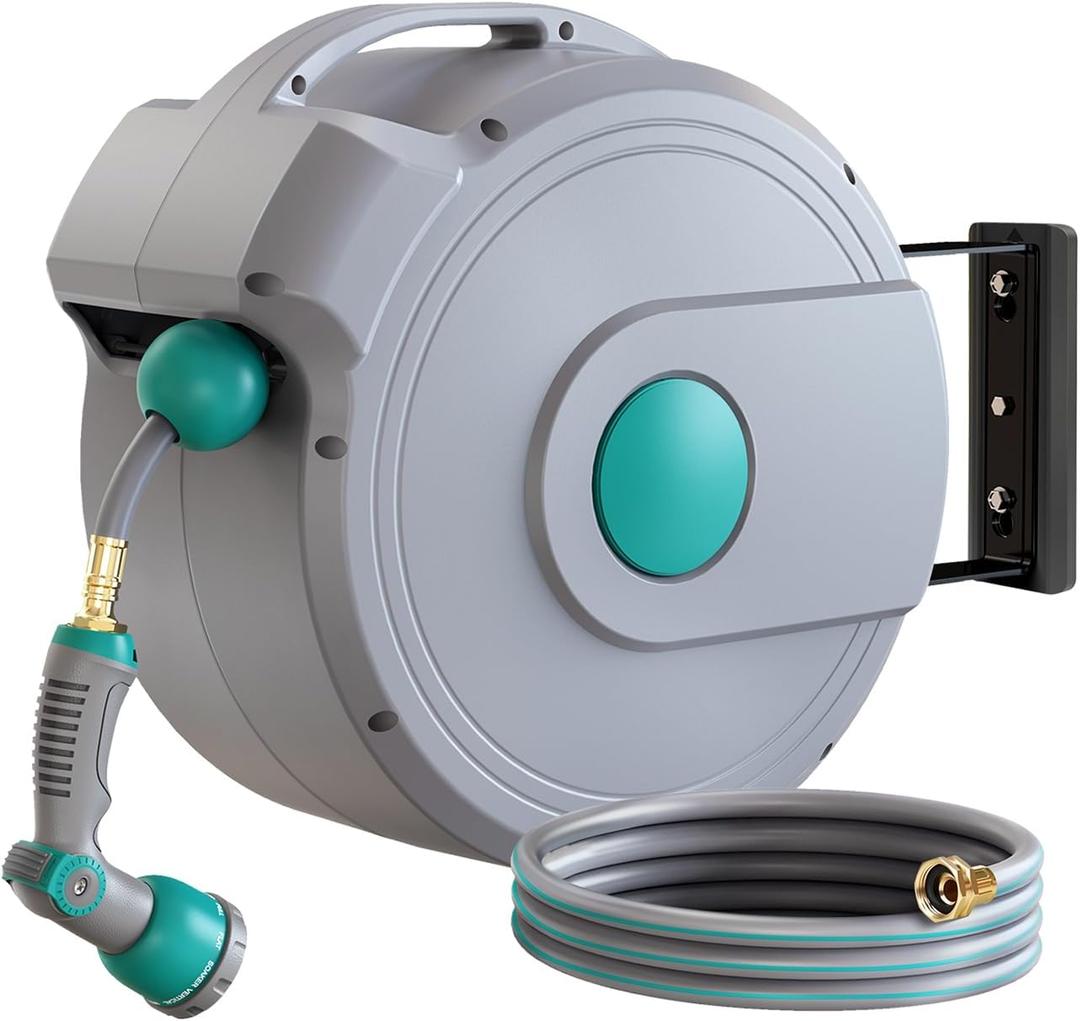 Retractable Garden Hose Reel 100 ft x 1/2" | Any Length Lock & 180Swivel | All-weather Garden Hose Reel Wall Mount for Outside, Retractable Hose with 10-Pattern Nozzle for Cleaning, Watering