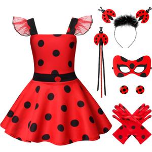 Girls Costume Polka Dots Dress Up Carnival Costume Birthday Outfit Christmas Party Cosplay Mask Gloves Headdress for Kids (2-3T)