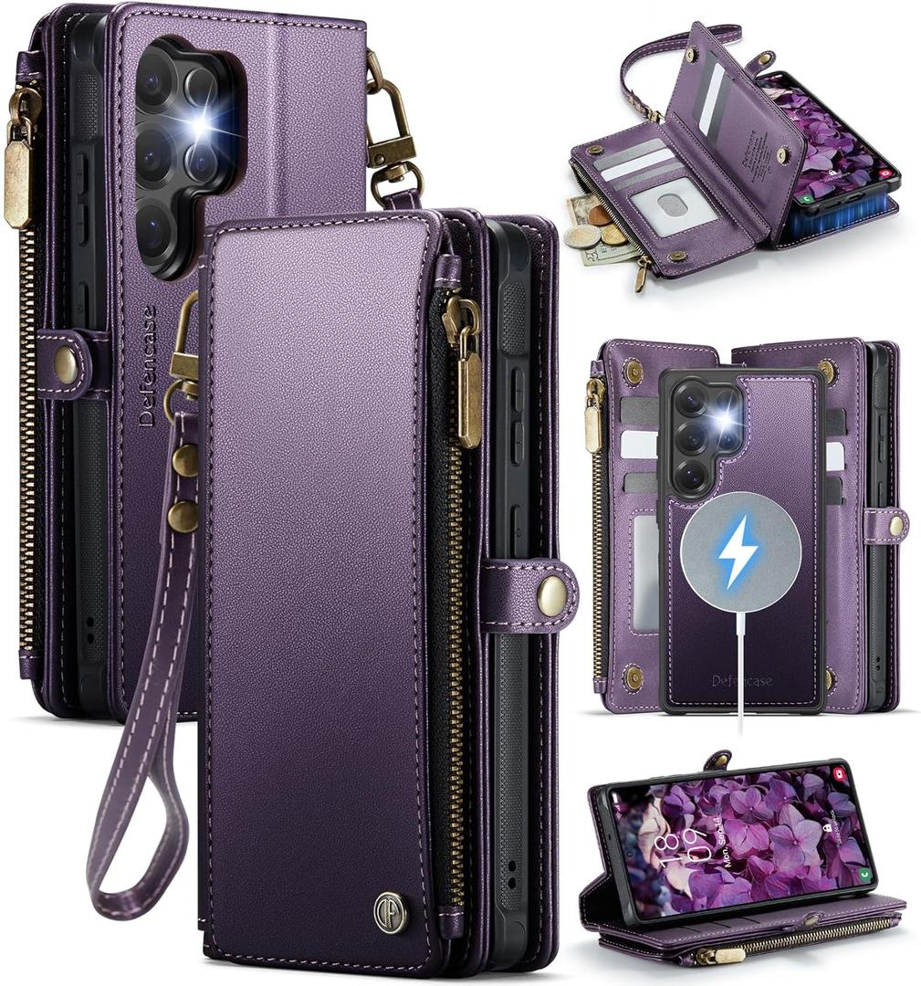 Defencase for Samsung Galaxy S23 Ultra Magnetic Wallet Case Compatible with Magsafe with RFID Blocking Zipper & Card Holder Women, PU Leather Detachable Phone Case for Galaxy S23 Ultra 6.8", Purple