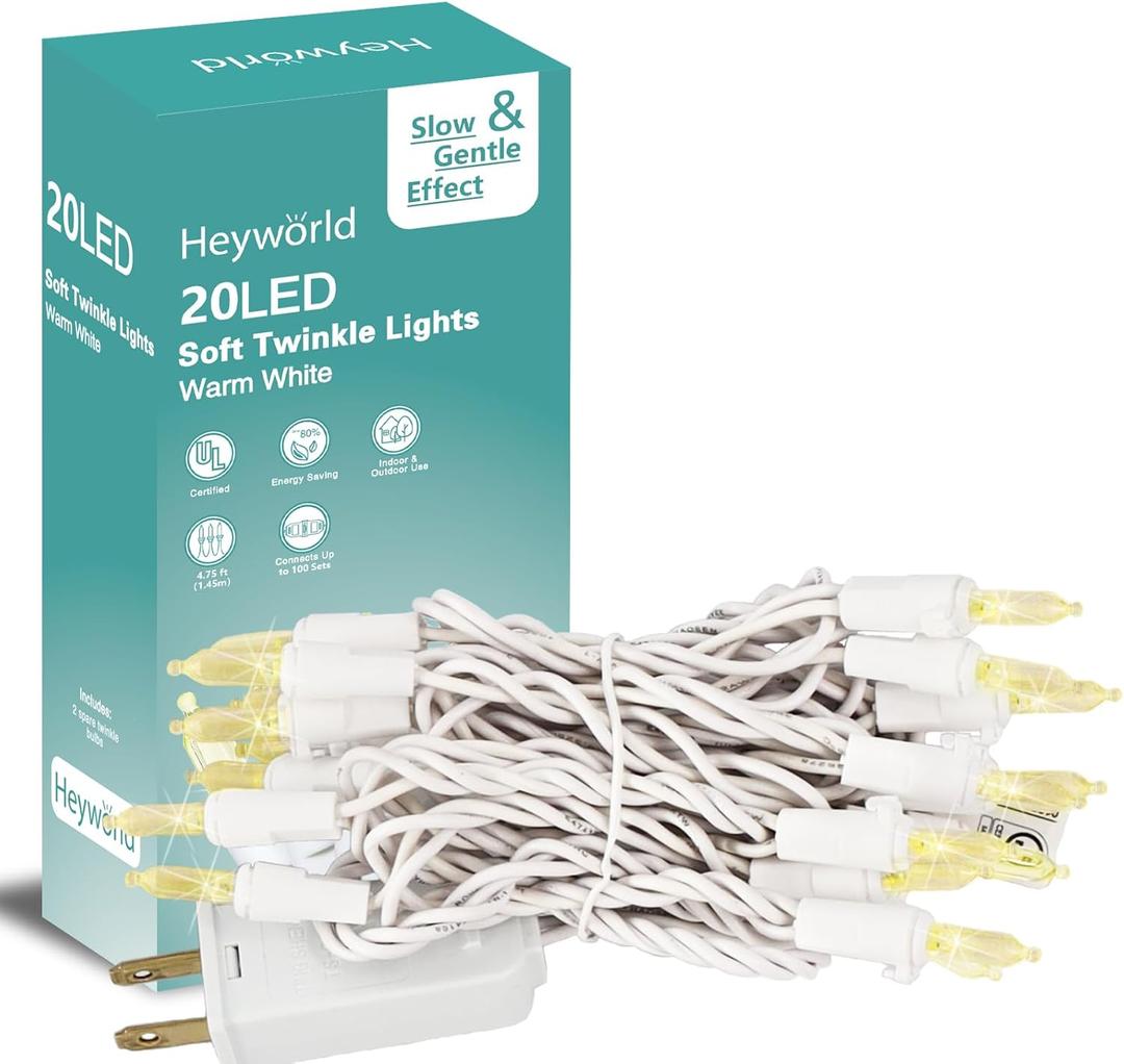 Heyworld Slow Twinkle Lights, 20 Led Soft Twinkling Mini Christmas String Lights on White Wire Cord, UL Approved 7 Ft,Connect Up to 100 Sets, Indoor Outdoor Use, Warm White