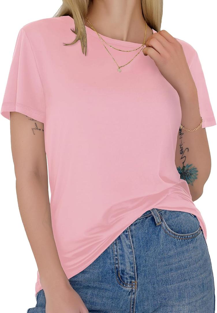 GAYHAY T-Shirts for Women - Short Sleeve Basic Tees Soft Crew Neck Trendy Summer Tops for Casual Outfits 2025 (Medium, Pink)