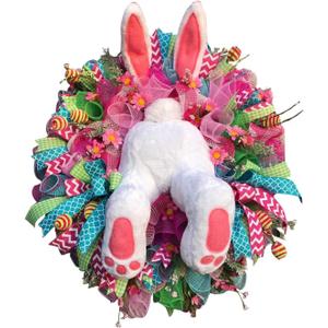 Easter Wreaths for Front Door, Easter Bunny Door Wreaths Easte Bunny Butt Wreath Decorations Cute Rabbit Garland Spring Decoration Farmhouse (Pink Series)