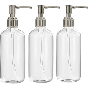 Refillable Clear Soap Dispenser Bottles with Pump, 16 oz (3 Pack) | BPA-Free Plastic Boston Round Containers for Hand Soap, Lotion, Shampoo, Kitchen & Bath