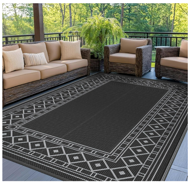 GENIMO Outdoor Rug Waterproof 6'x9' for Patio, Foldable Reversible Plastic Straw Carpet for Travel Trailers, Outside Area Mat for Rv, Deck, Picnic, Porch, Camper, Balcony, Beach, Black & Grey