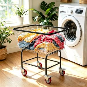 Large Rolling Laundry Cart with Wheels, Holds 2 Washer Loads, Steel, 26.7"L x 21.5"W x 27.3"H