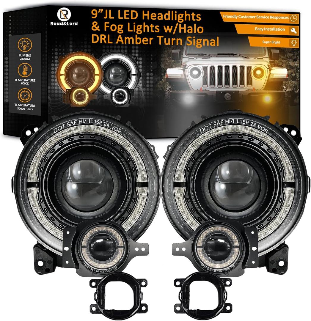 9 Inch LED Headlights 9'' led JL Headlight Z-Shaped Halo DRL with Fog Lights Compatible for 2018-2025 Jeep Wrangler JL JLU Unlimited Sport Rubicon Sahara Gladiator JT DOT 9 Inch LED Headlights 9'' led JL Headlight Z-Shaped Halo DRL with Fog Lights Compatible for 2018-2025 Jeep Wrangler JL JLU Unlimited Sport Rubicon Sahara Gladiator JT DOT